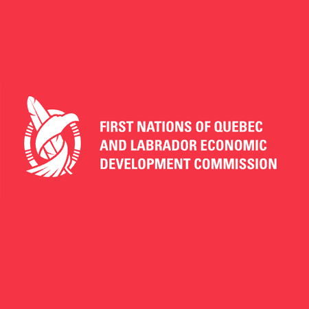 Logo First Nations of Quebec and Labrador Economic Development Commission, a feather wrapped in a circle; white on red.