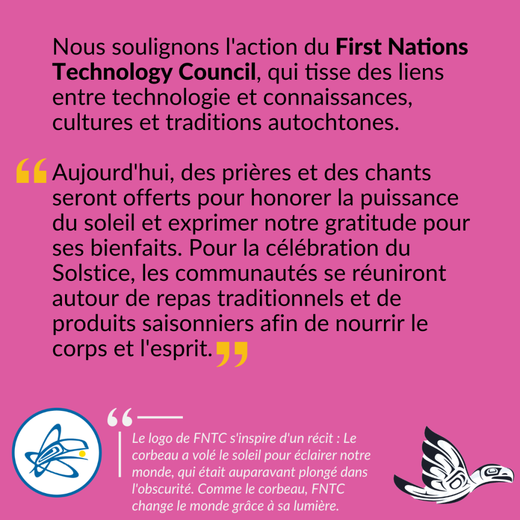 Deux représentations graphiques d'un corbeau. Nous soulignons l'action du First Nations Technology Council, qui tisse des liens entre technologie et connaissances, cultures et traditions autochtones. Du FNTC: «Aujourd'hui, des prières et des chants seront offerts pour honorer la puissance du soleil et exprimer notre gratitude pour des bienfaits. Pour la célébration du Solstice, les communautés se réuniront autour de repas traditionnels et de produits saisonniers afin de nourrir le corps et l'esprit.» Le Logo de FNTC s'inspire d'un récit: Le corbeau a volé le soleil pour éclairer notre monde, qui était auparavant plongé dans l'obscurité. Comme le corbeau, FNTC change le monde grâce à sa lumière.
