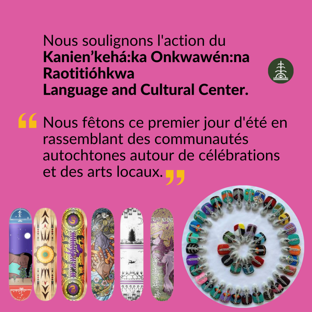 Skateboards décorés d'œuvres d'art indigènes, accompagnés du texte suivant : Nous soulignons l'action du Centre linguistique et culturel Kanien'kehá:ka Onkwawén:na Raotitióhkwa. Extrait du centre : « Nous fêtons ce premier jour d'été en rassemblant des communautés Autochtones autour de célébrations et des arts locaux. »