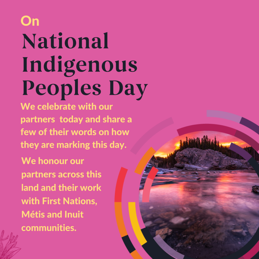 An image of sunrise with forest landscape in the background in tones of pink; at the foreground rocks with water on which the sun and the forest are reflected. This image is framed within the McConnell multicoloured hub in the bottom right corner, and on a pink background. It is accompanied by text: On National Indigenous People's Day we celebrate with our partners and share a few of their words on how they are marking this day. We honour our partners across this land and their work with First Nations, Métis and Inuit communities. 