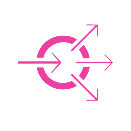 Pink shape on white background: a left-to-right arrow points to three more arrows reaching out further to the right within a wider circle.