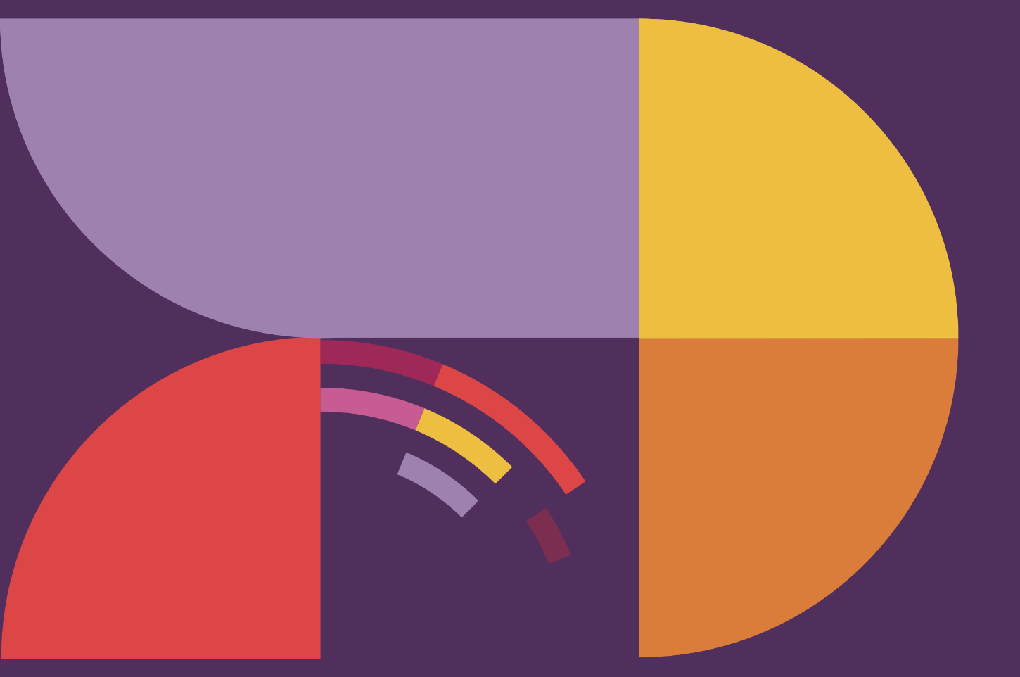 Half and quarter circles in yellow, orange, red and lilac.