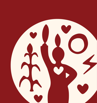 Red and beige illustration, showing a person lifting their hand above their head with a feather, a feather on the head, a heart below the neckline, in a circle with graphic elements showing a plant, hearts, a circle and an element similar to a thunder bolt.
