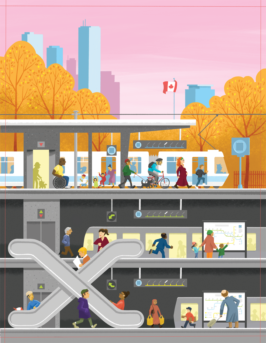Illustration of a train and subway station filled with people of different cultures and physical abilities in front of a background of a Canadian city with fall trees.