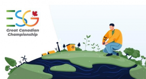 ESG championship logo and a man kneeling on the earth gardening, illustration with windmill and recycling box in the background.
