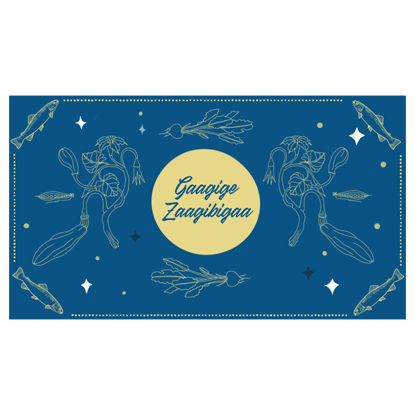Gaagige Zaagibigaa is in a circle in the middle of a light yellow circle on a blue canvas with outlined images of vegetables, plants and fish, that make it look a bit like a night sky constellation.