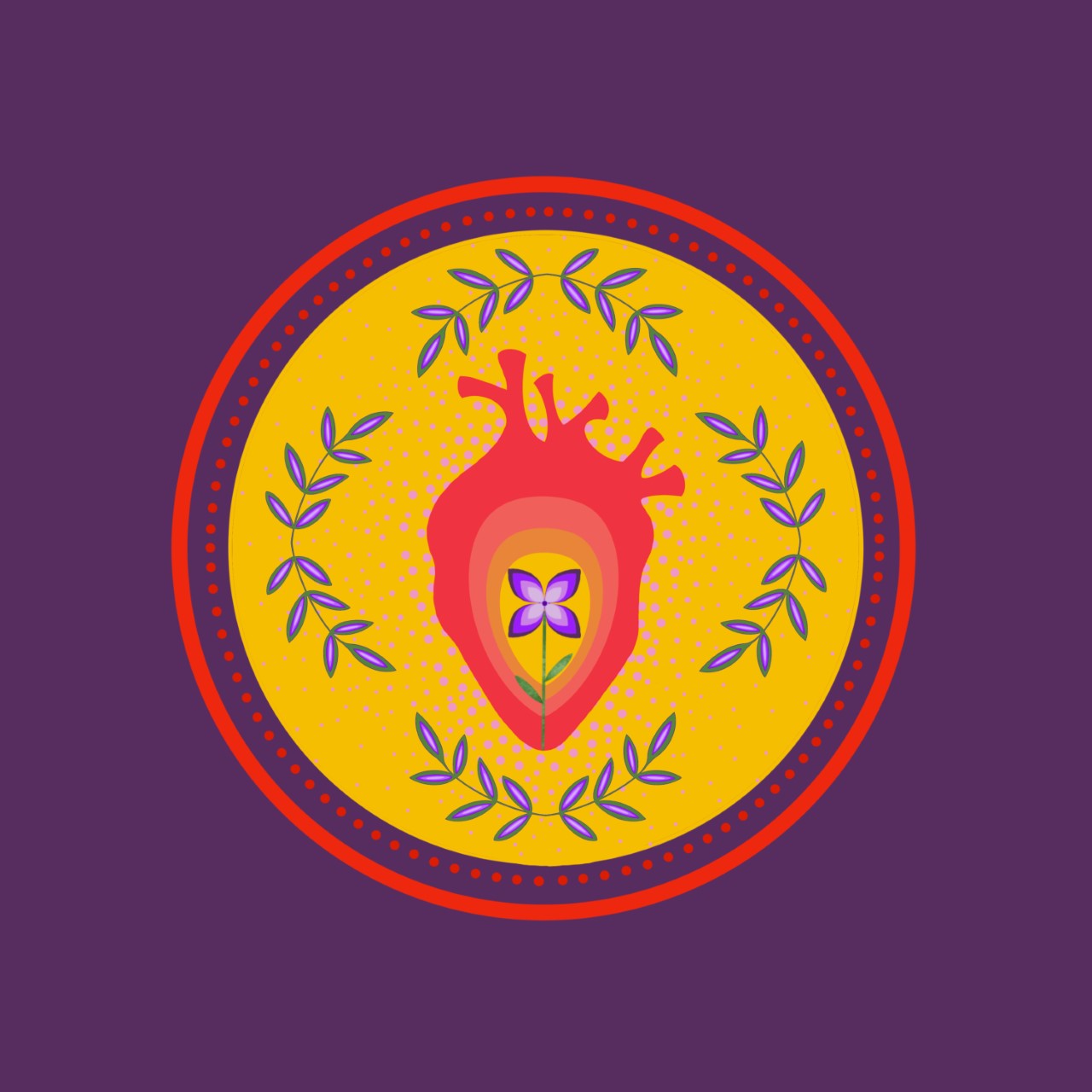 Réconciliation - Eruoma Awashish - license d'utilisation 2022-2027 - un coeur rouge dans un cercle jaune sur fond mauve; au centre une fleur.
