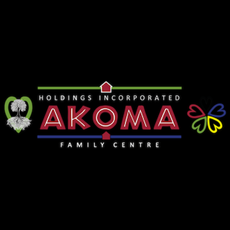Akoma Holdings logo, a tree with a green heart in the background, four hearts in four different colours are connecting at the centre.