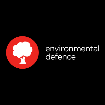 A white tree in a red circle on black background, with the words Environmental Defence.