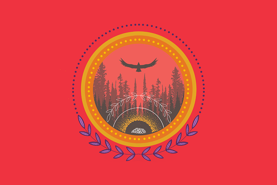 On a red background, two curved olive branches underneath a yellow and orange rings, that encircle a raven flying high above the trees, more olive branches, rocks and fire.