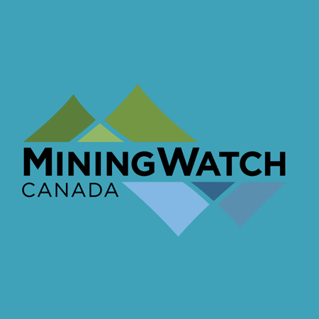 Green triangles evoking mountains and inverted blue triangles, on a turquoise background. MiningWatch Canada logo.