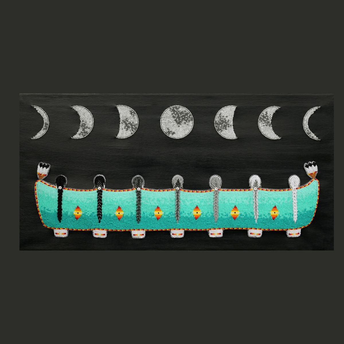 At first glance, a turquoise canoe with the back of heads showing braided hair showing 7 women from dark to white hair, representing all stages of life. On top of the turquoise shawl, a moon crescent, up to a full moon in the middle of the canvas, then ending with a crescent. The turquoise shawl is held by eagle feathers at each of the two ends.