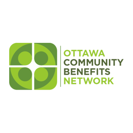 Ottawa Community Benefits network, four part green square, representing a large circle with four circles within.