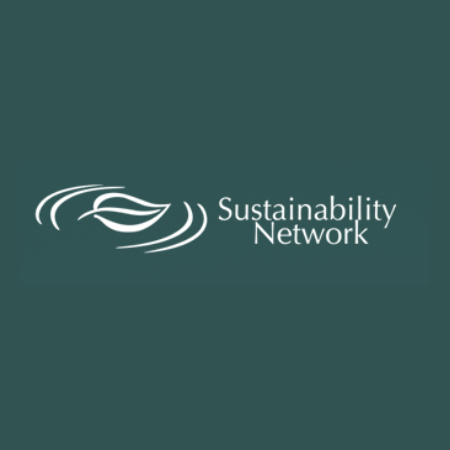 A leaf in between two semi-circles looking like wind on green background, Sustainability Network Logo