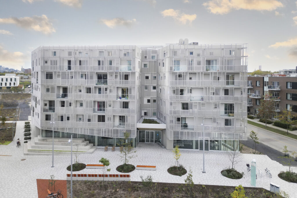 Photo of Rose des vents, UTILE’s second student housing project, opened in Montreal’s Technopôle Angus eco-district in 2022. It was awarded an honourable mention at the World Design Awards 2020.
