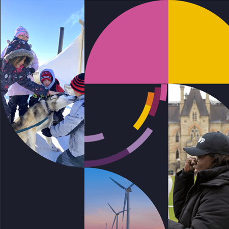 Clockwise from top left:  Three Indigenous children wearing heavy winter gear, outdoors in the snow petting a husky. A Black woman wearing a baseball cap demonstrating outside Parliament Hill. Four wind turbines in a field at sunset. T