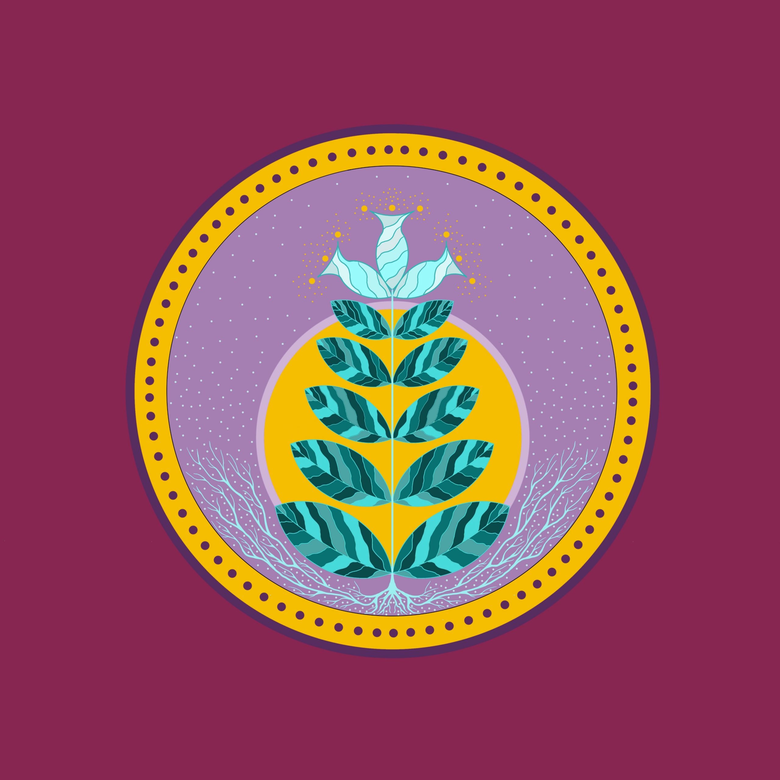 A turquoise-coloured tobacco plant is at the centre of a yellow circle with purple points. Inside the circle a pale lilac colour is sprinkled with tiny turquoise dots reminiscent of the stars. At the very centre of the circle can be found another warm yellow circle evoking the sun. Deep turquoise roots are at the bottom and reaching up in the same colour as the stars. The illustration is set on a raspberry colour background.